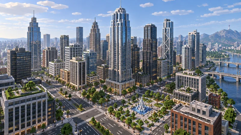 Szene im Minecraft-Stil einer Skyline der Innenstadt