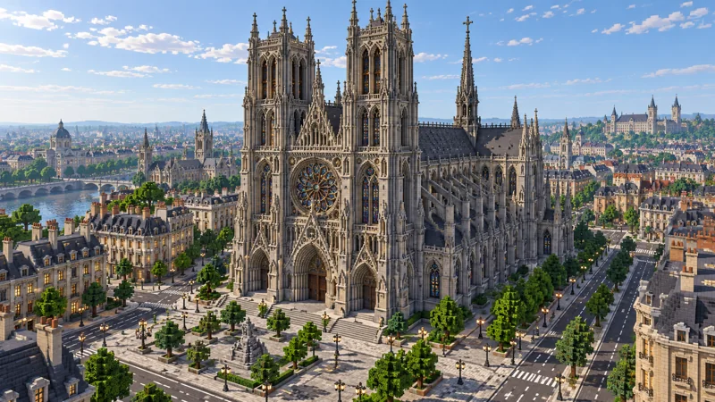 Szene im Minecraft-Stil einer gotischen Kathedrale