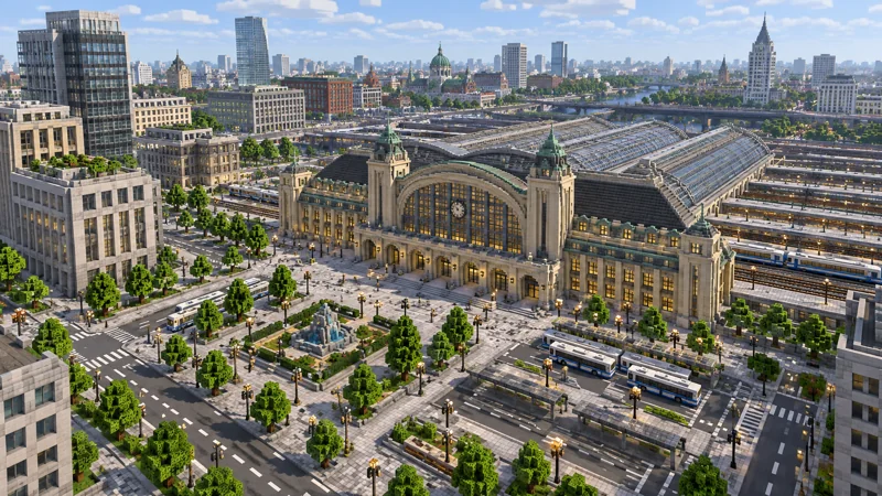 Szene im Minecraft-Stil eines großen Bahnhofs