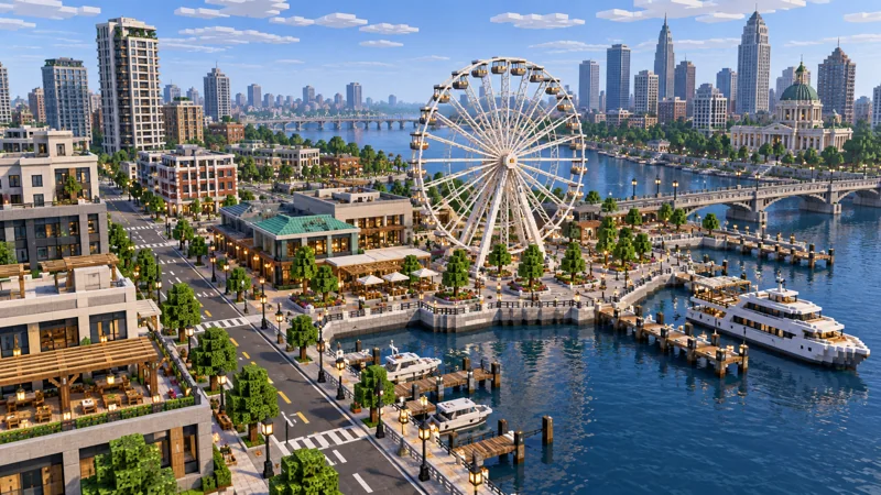 Szene im Minecraft-Stil eines Hafens mit einem Riesenrad