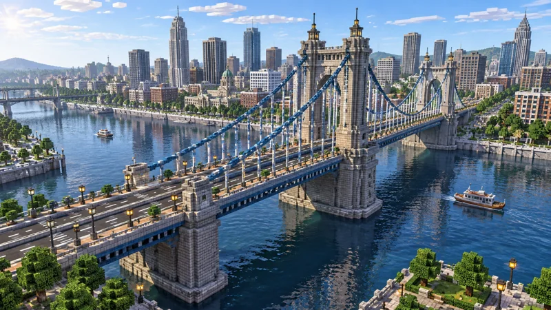 Szene im Minecraft-Stil einer Hängebrücke über einen Fluss