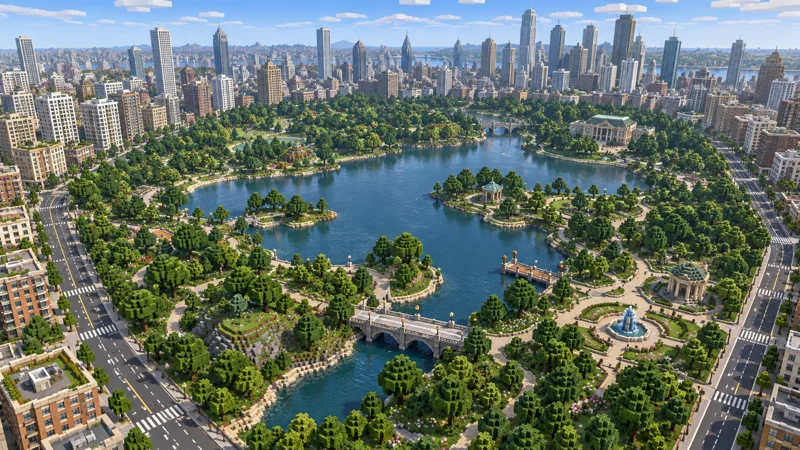 Szene im Minecraft-Stil eines städtischen Seeparks