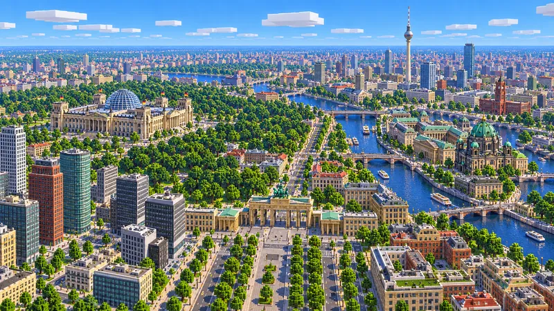 Illustration of central Berlin in Minecraft blocks seen from high above: the Brandenburg Gate at the end of a wide avenue, the glass-domed Reichstag by the river Spree, the green Tiergarten and the TV Tower rising in the distance
