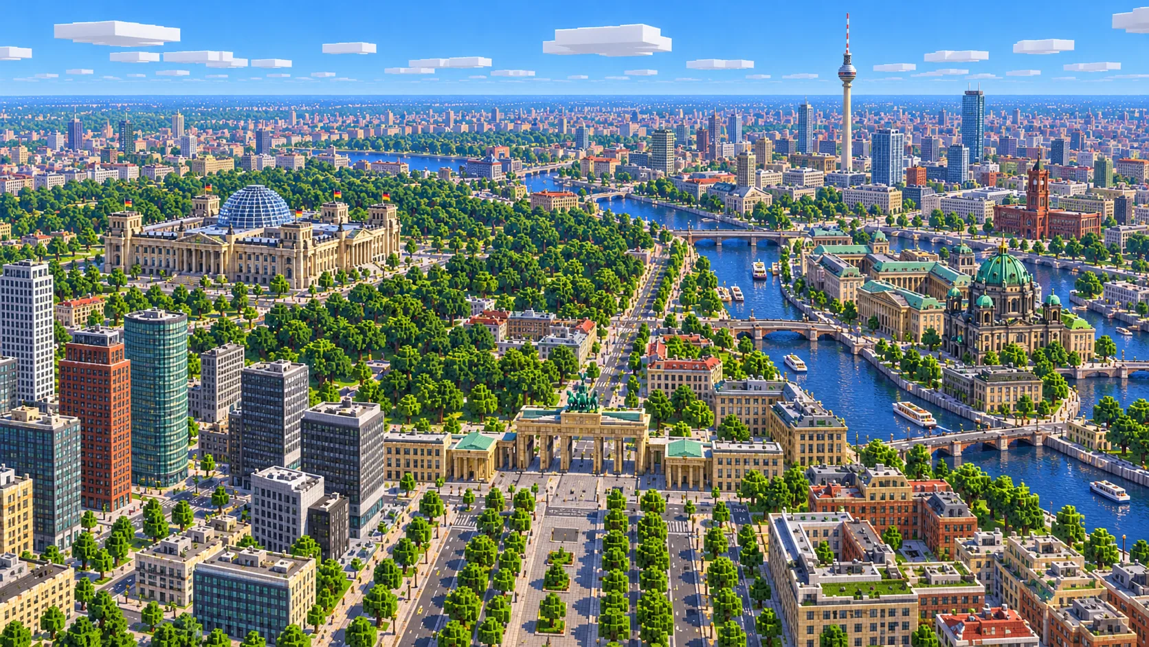 Illustration of central Berlin in Minecraft blocks seen from high above: the Brandenburg Gate at the end of a wide avenue, the glass-domed Reichstag by the river Spree, the green Tiergarten and the TV Tower rising in the distance