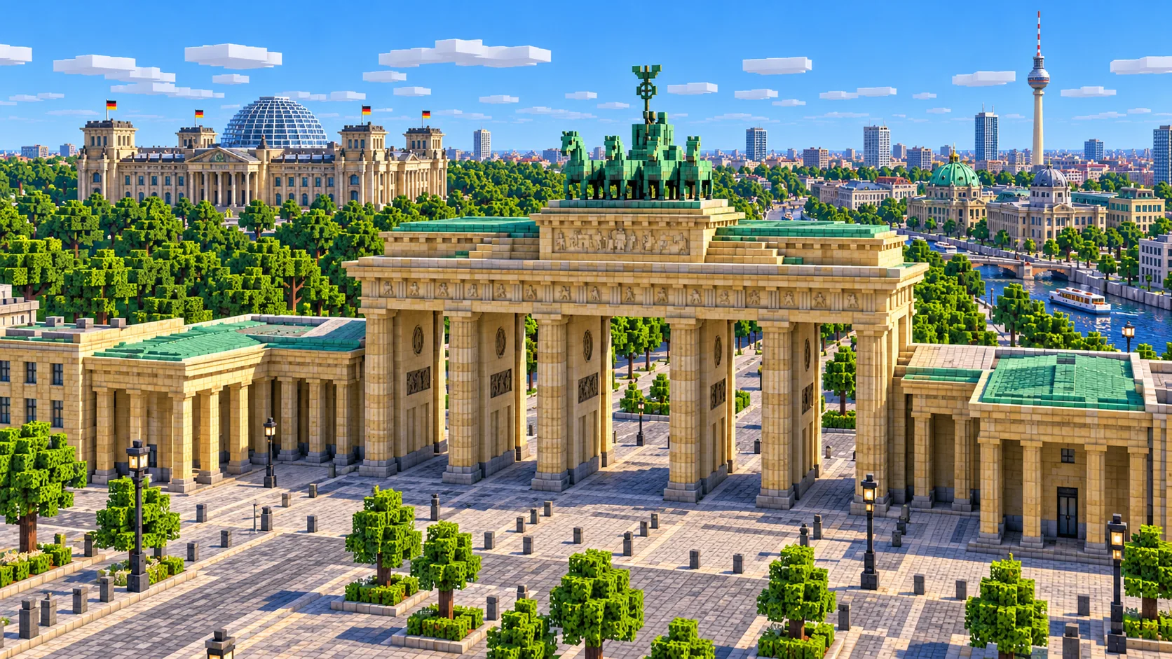 Illustration of the Brandenburg Gate in Minecraft blocks: six pairs of pale stone columns under a flat attic with the four-horse chariot on top, and a paved square in front