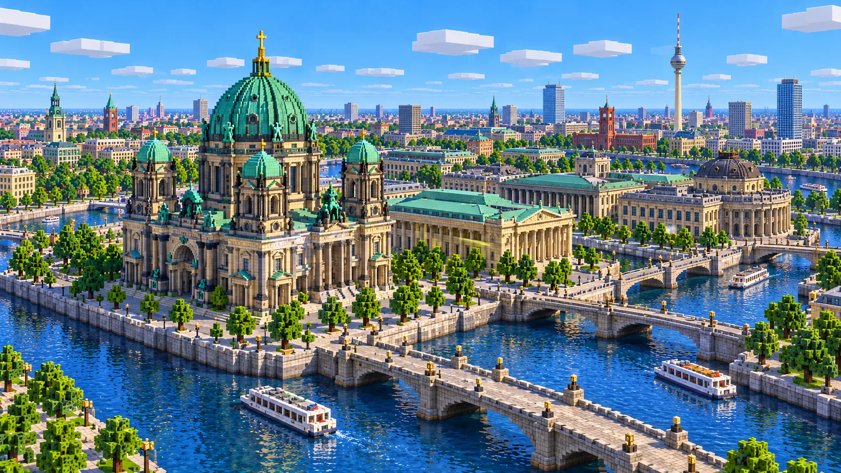 Illustration of the Berlin TV Tower in Minecraft blocks: a slim concrete shaft with a silver sphere and a red and white mast, above the roofs and squares around Alexanderplatz