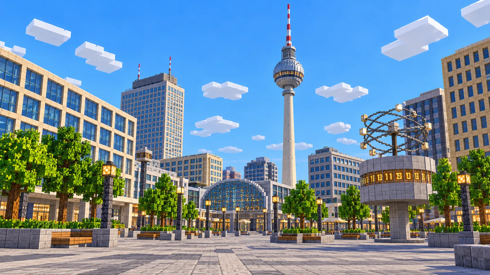 Illustration of a Berlin street at eye level in Minecraft blocks, with tree-lined pavements, five-story stone buildings and the TV Tower in the distance at the end of the street