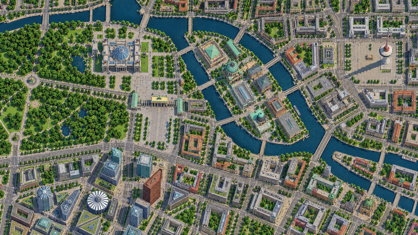 Illustration of central Berlin seen from directly above: a river bending through the city with an island of large buildings, a big green park on one side, a star-shaped roundabout and wide avenues