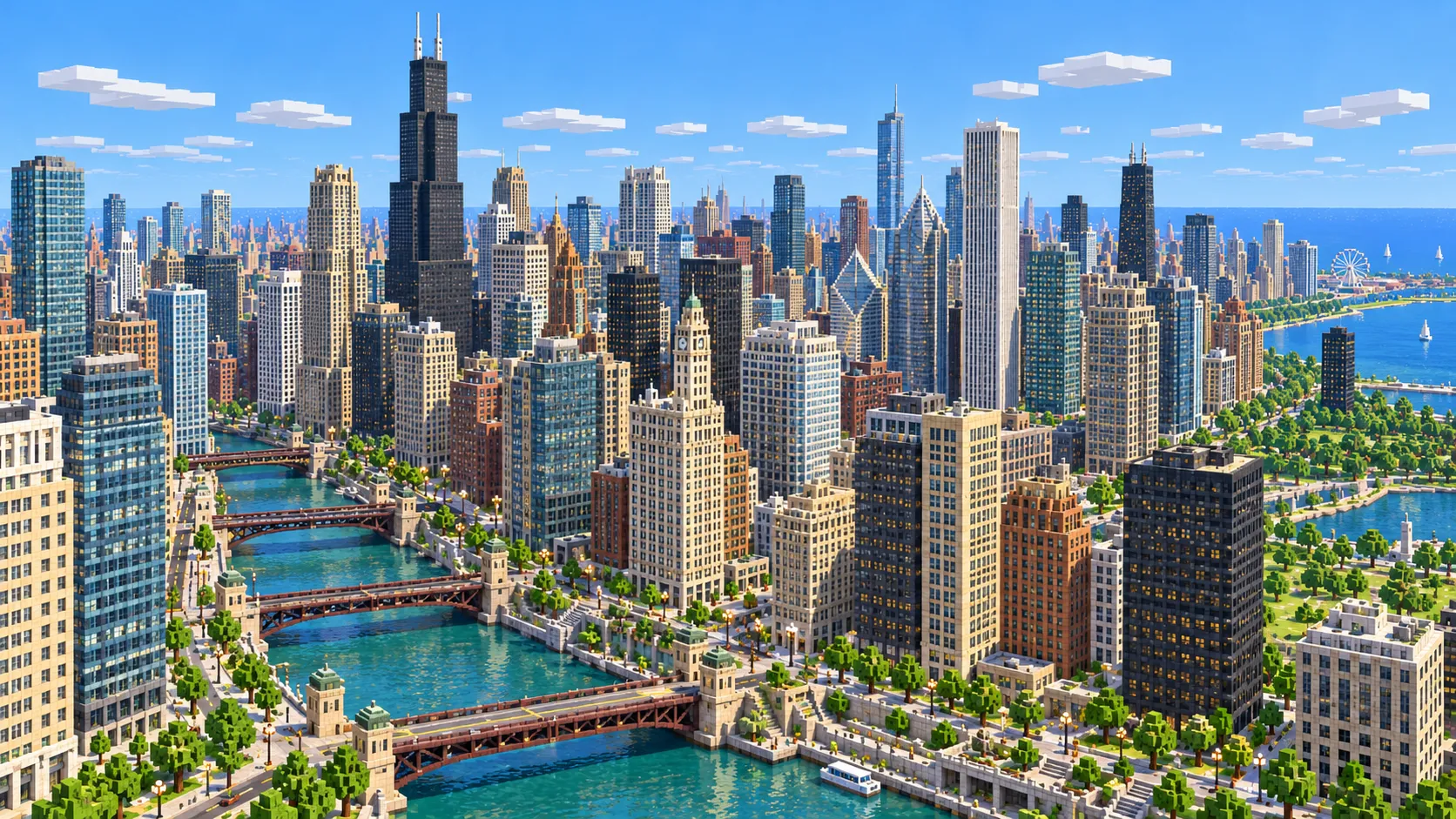 Illustration of the Chicago River, its steel bascule bridges and the Loop skyline with Willis Tower built from Minecraft blocks