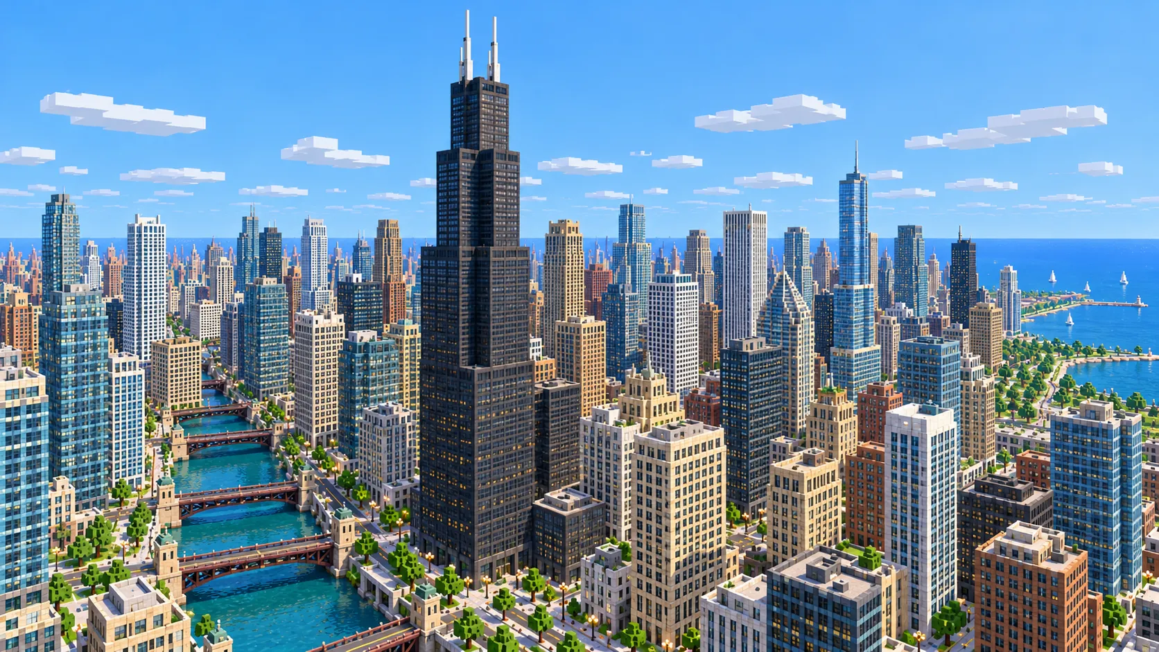 Illustration of Willis Tower in Minecraft blocks, with its stepped dark tubes, two antennas and the Loop around its base