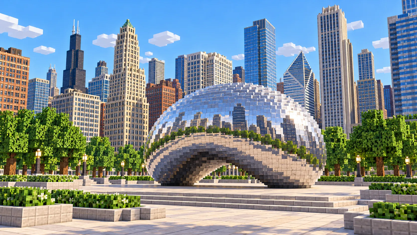 Illustration of a block-built Cloud Gate sculpture in Millennium Park with the Loop skyline behind