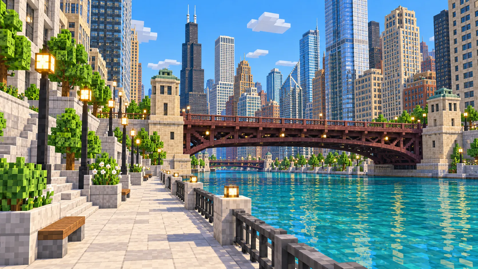 Illustration of the Chicago Riverwalk at eye level, with a bascule bridge over the river and towers on both banks