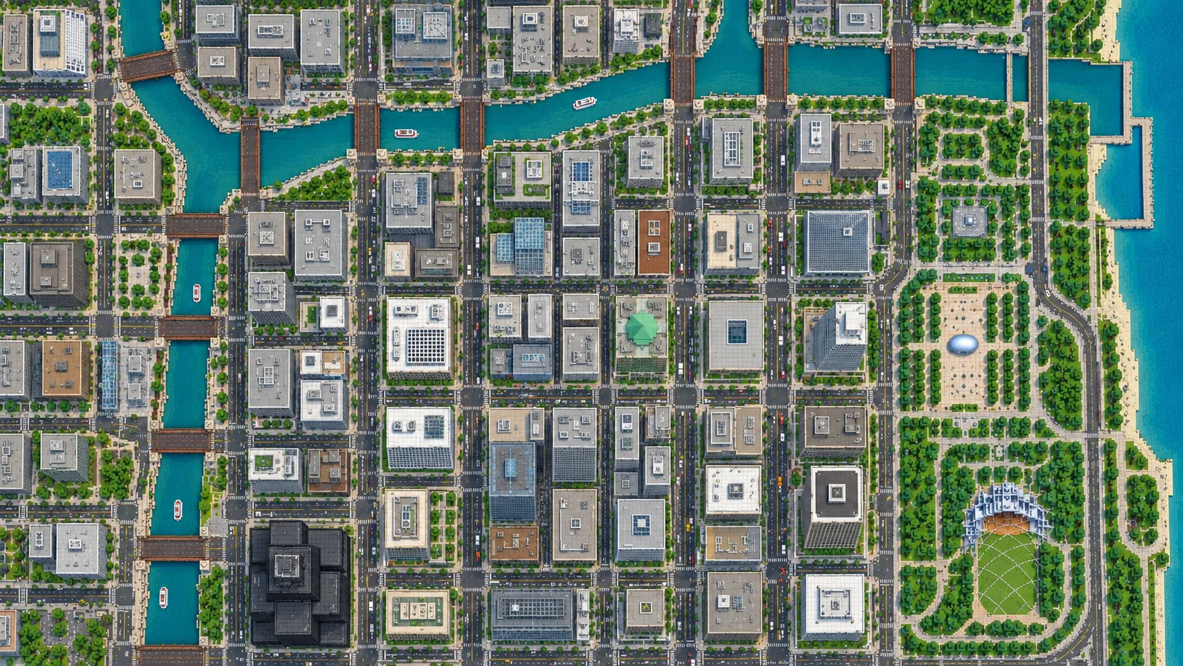 Illustration of downtown Chicago seen from above: the street grid, the river branches, lakefront parks and Lake Michigan