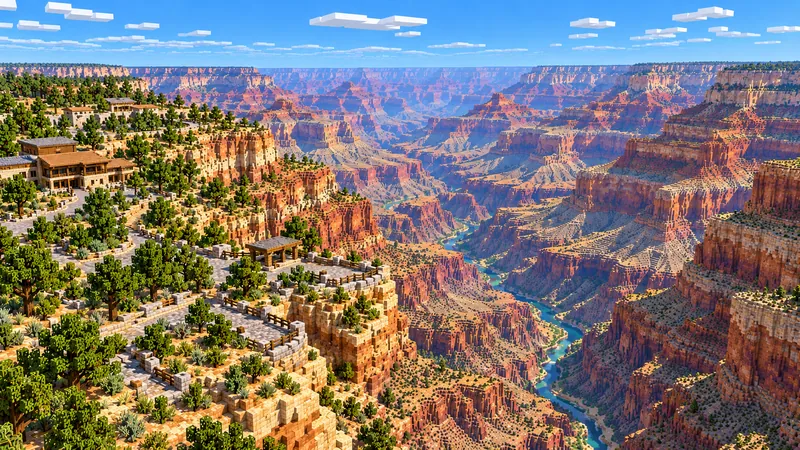 Illustration of the Grand Canyon South Rim in Minecraft blocks, with a stone lodge and a fenced overlook above layered cliffs and the Colorado River far below
