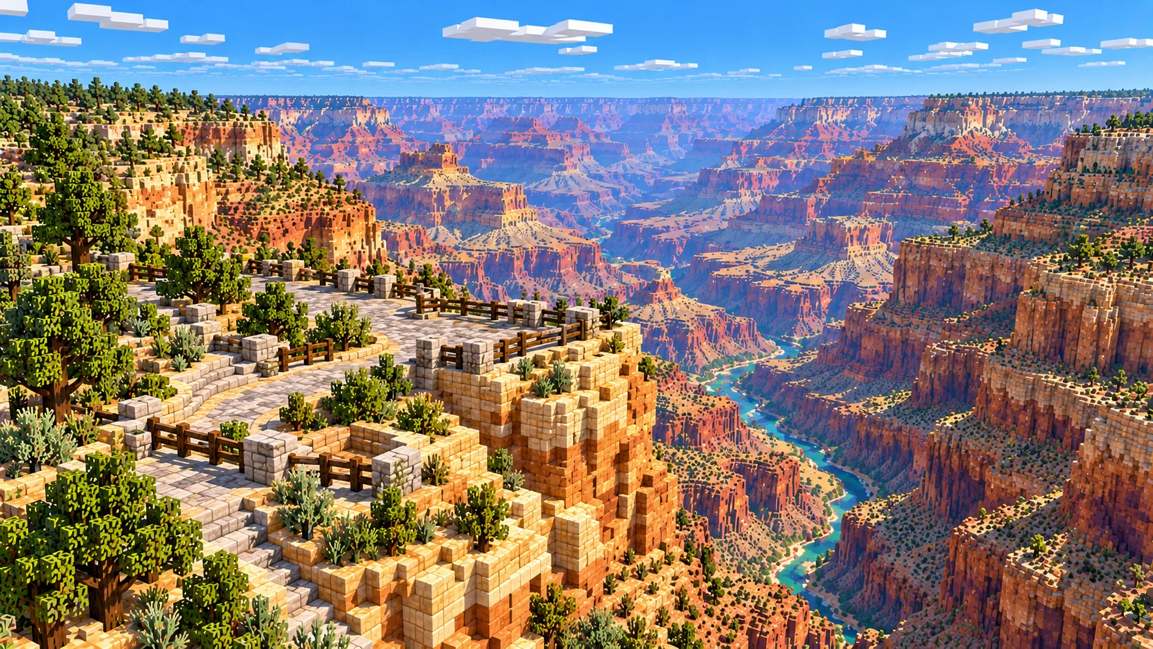 Illustration of a block-built overlook with a stone wall and wooden railing on a cliff edge, looking down a side canyon to the river