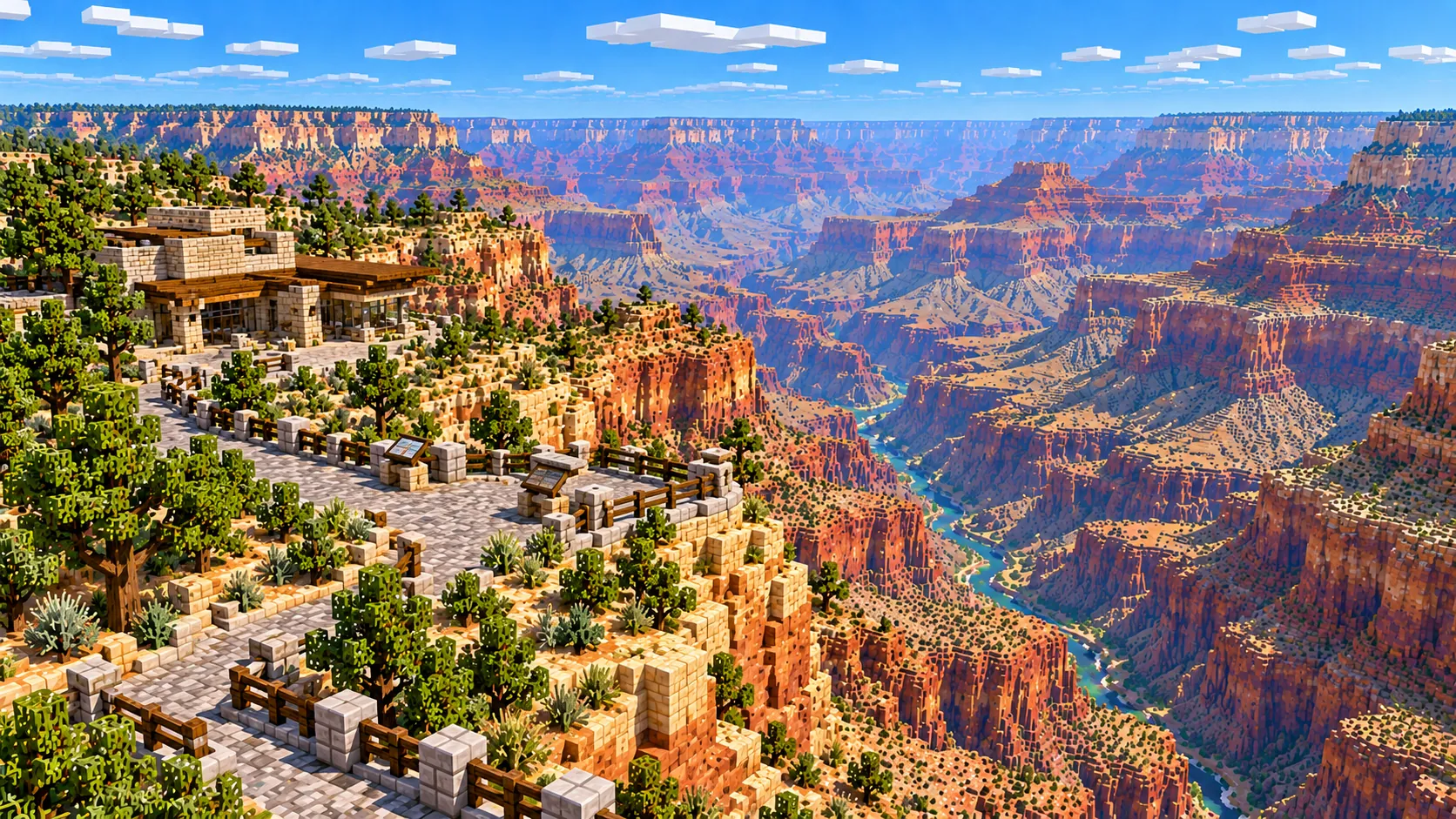 Illustration of a stone museum building with large windows on the rim, a paved viewpoint with signs and the canyon opening out behind it