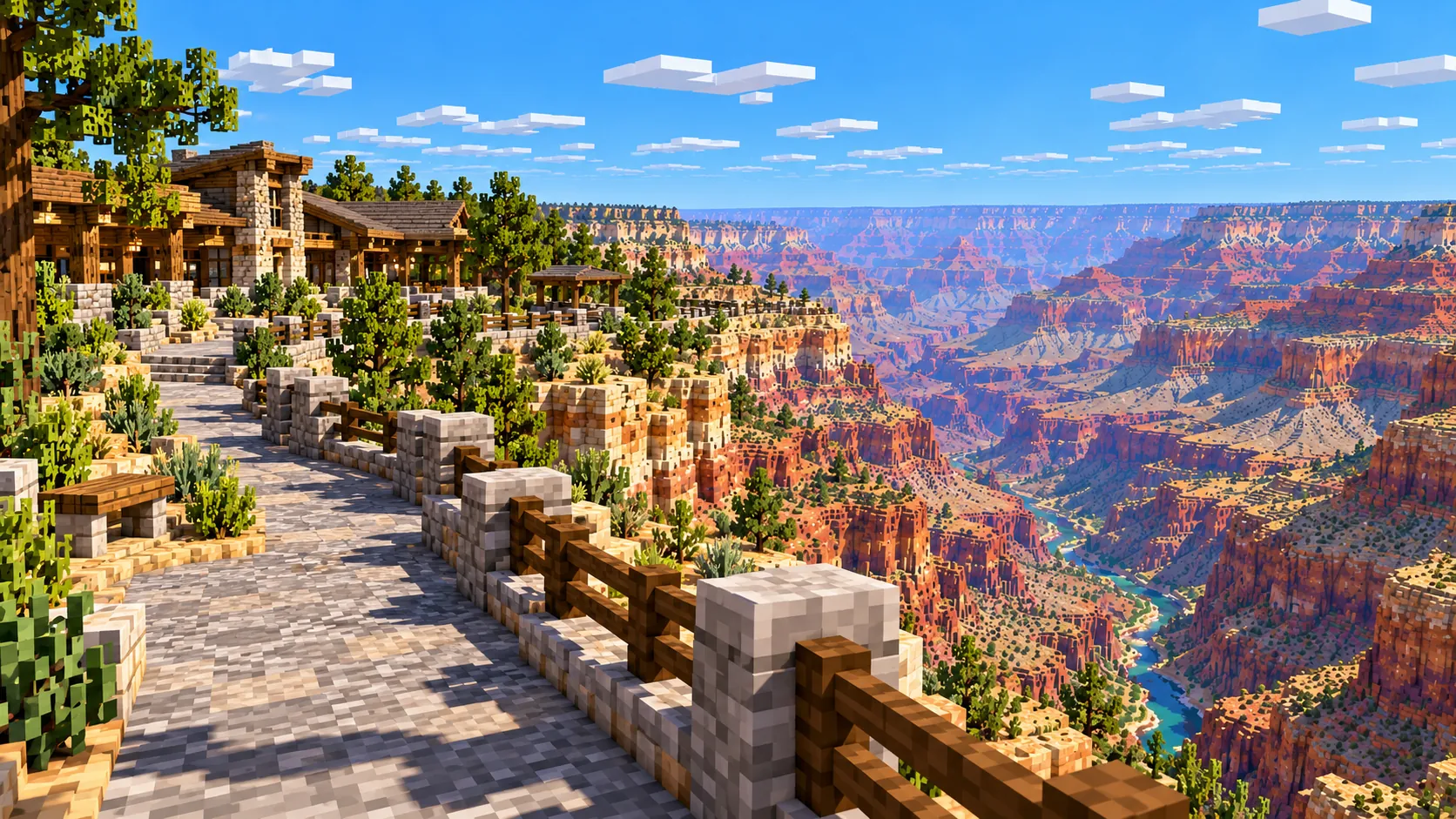 Illustration of the Rim Trail at eye level: a paved path with a stone wall and railing, a timber lodge on the left and the canyon on the right