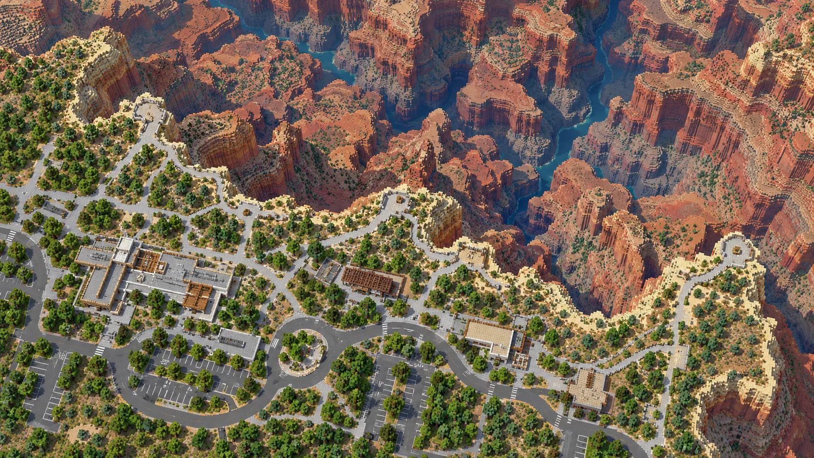 Illustration of the South Rim seen from above: village roads, parking loops and buildings among trees, with the rim and the canyon to the north
