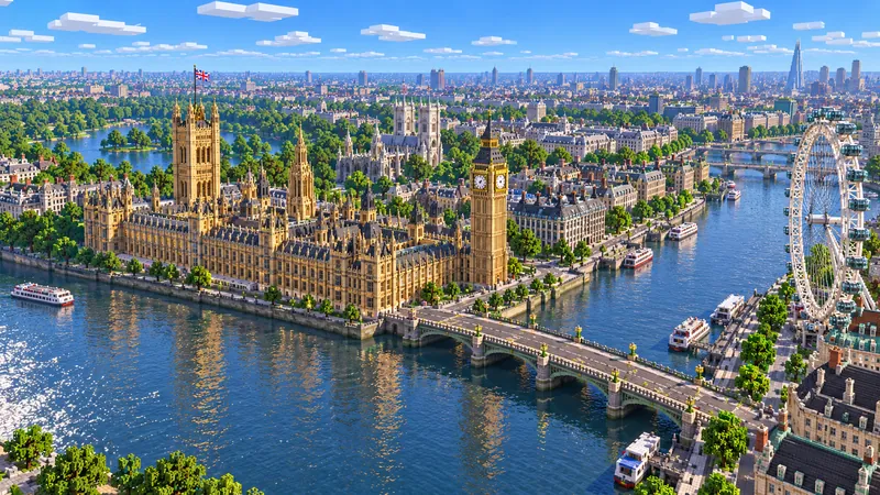 Illustration of Westminster and the Thames as a Minecraft block city with Parliament and the London Eye