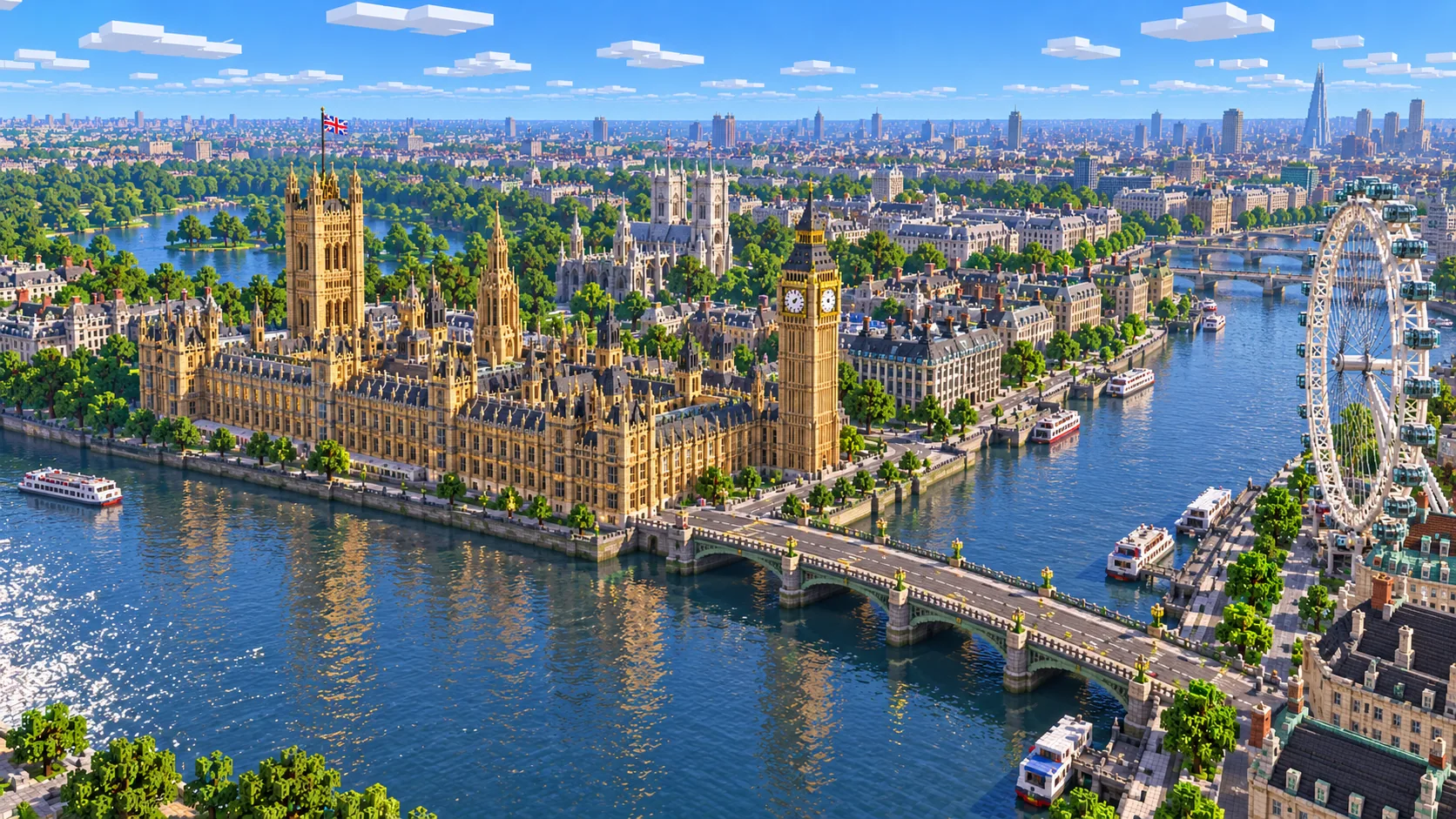 Illustration of Westminster and the Thames as a Minecraft block city with Parliament and the London Eye