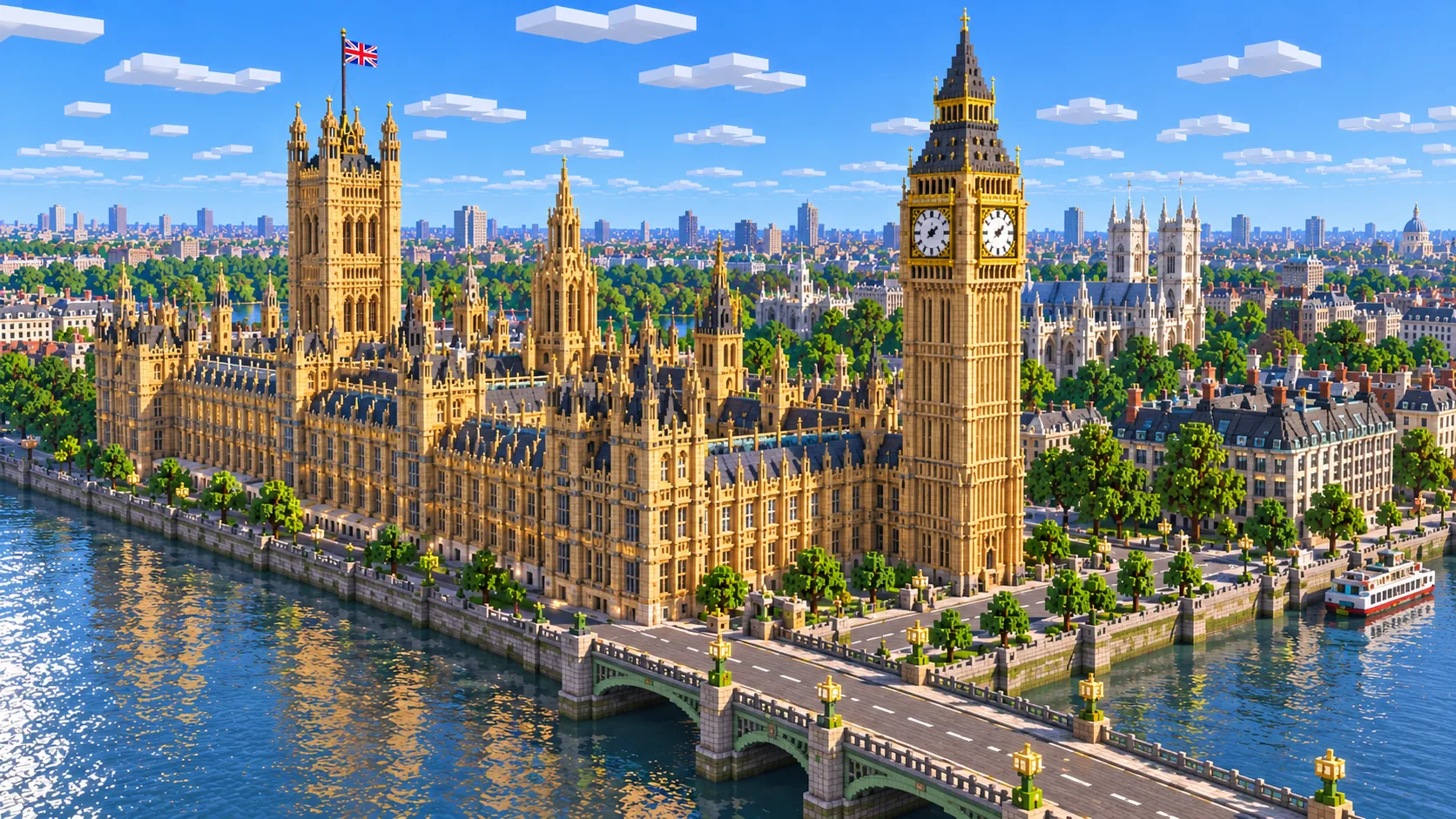 Illustration of Elizabeth Tower and the Houses of Parliament built from Minecraft blocks beside the Thames