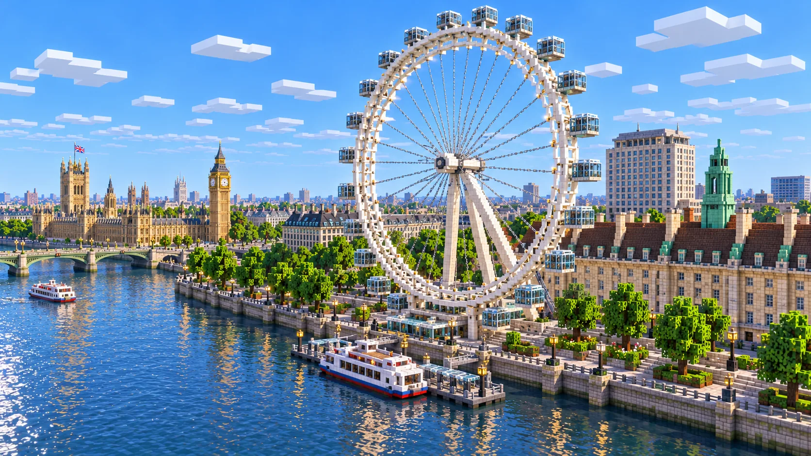 Illustration of the London Eye and the South Bank promenade in a Minecraft world
