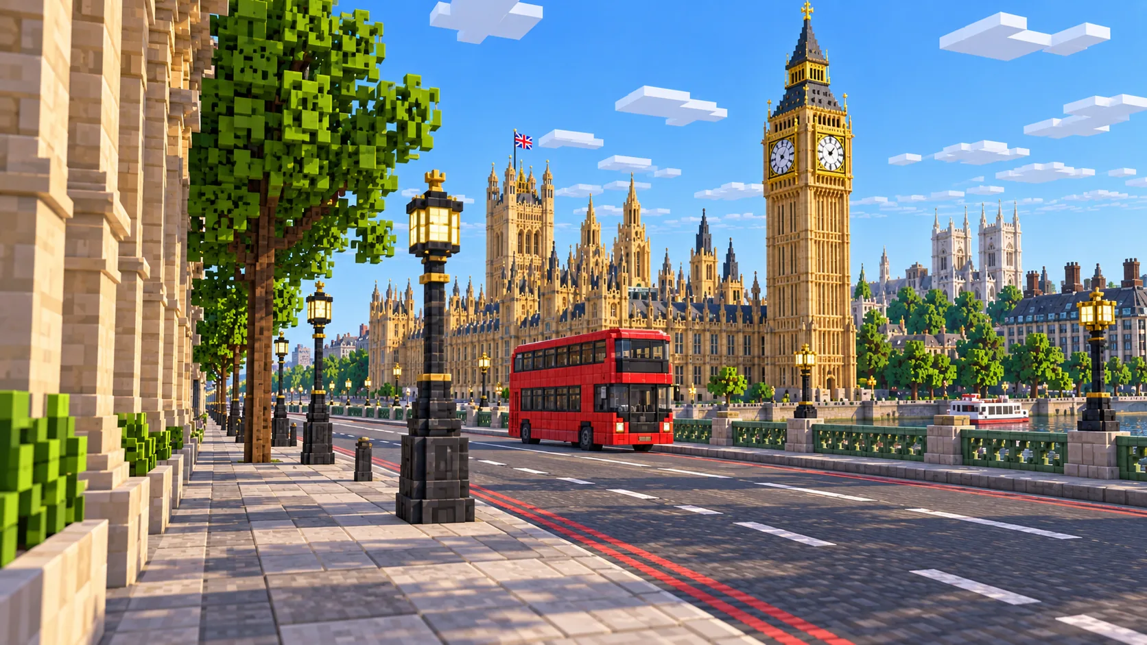 Illustration of a Westminster street at eye level with Parliament rising behind it