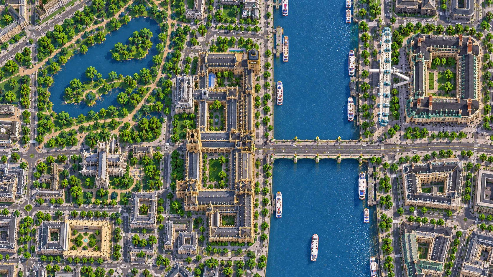 Illustration of central London streets, parks and the Thames seen from directly above