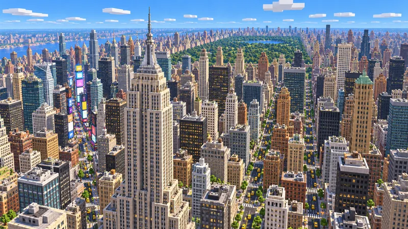 Illustration of Midtown Manhattan as a Minecraft block city, seen from above the Empire State Building