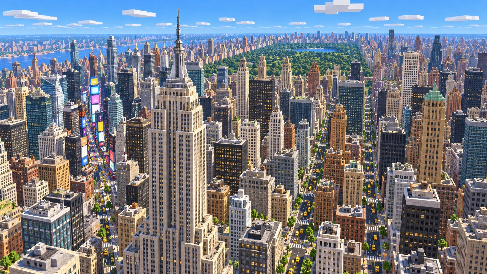 Illustration of Midtown Manhattan as a Minecraft block city, seen from above the Empire State Building
