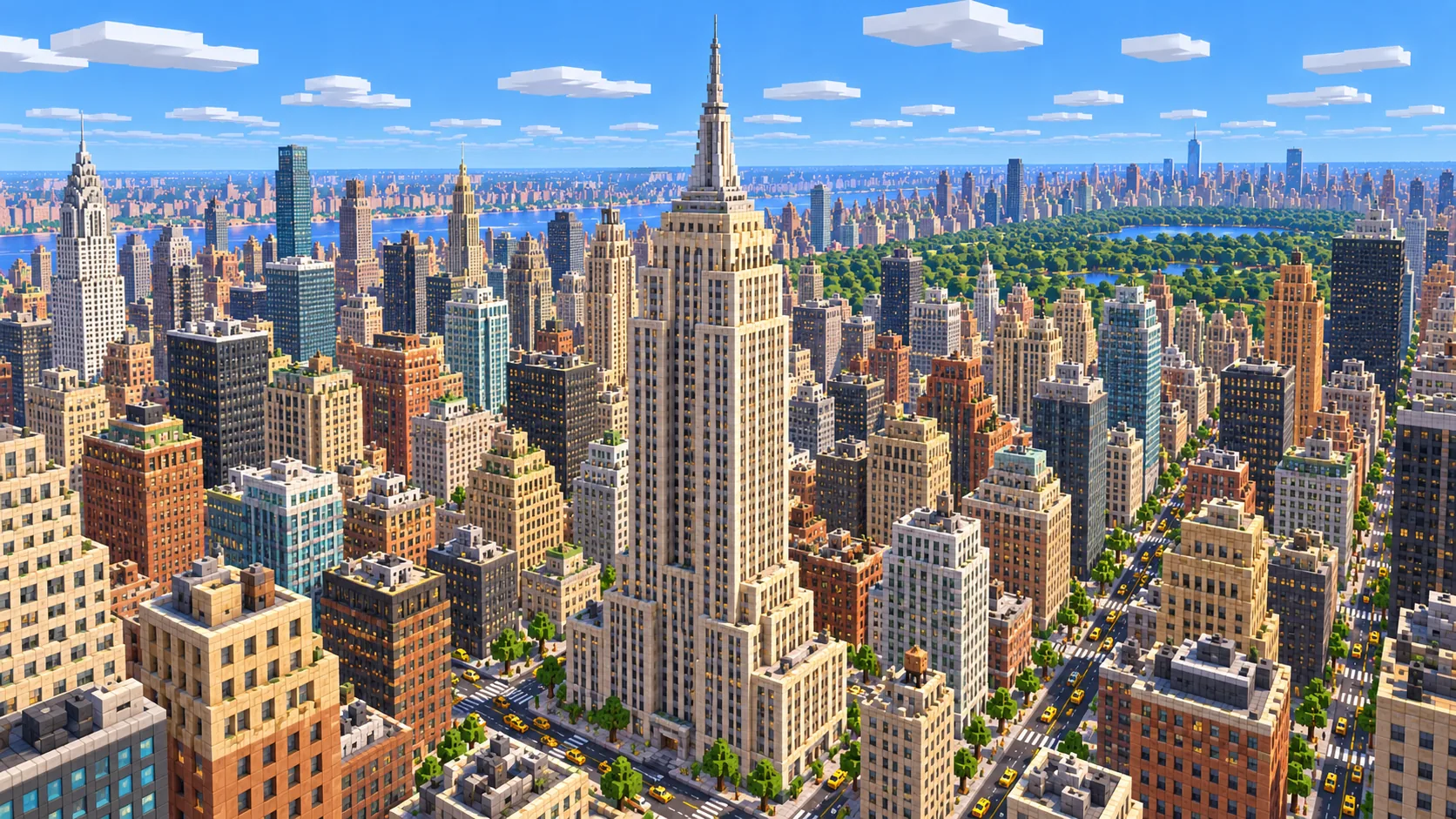 Illustration of the Empire State Building and surrounding Midtown streets built from Minecraft blocks