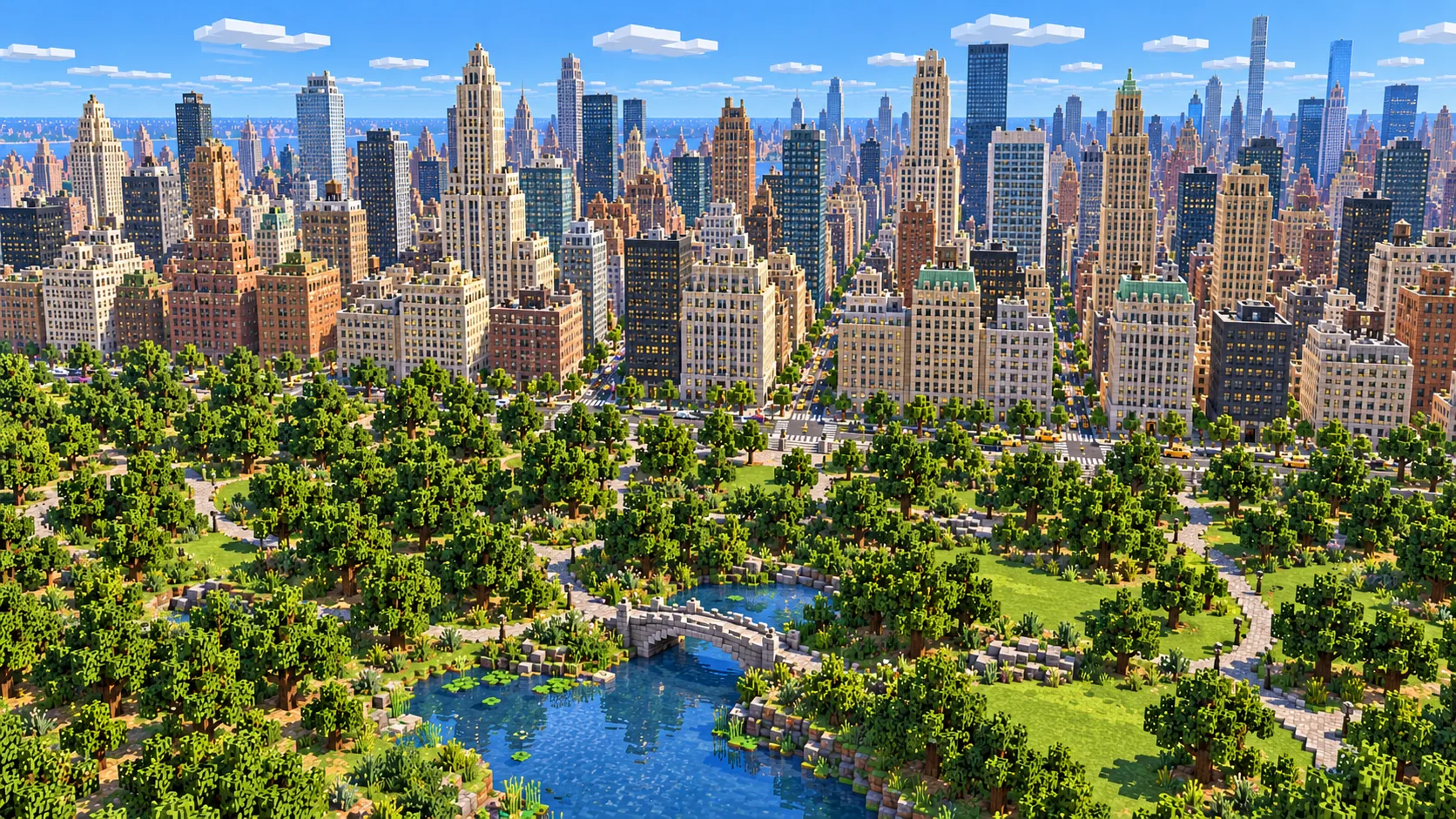 Illustration of the south end of Central Park with block trees, a pond and the Midtown skyline