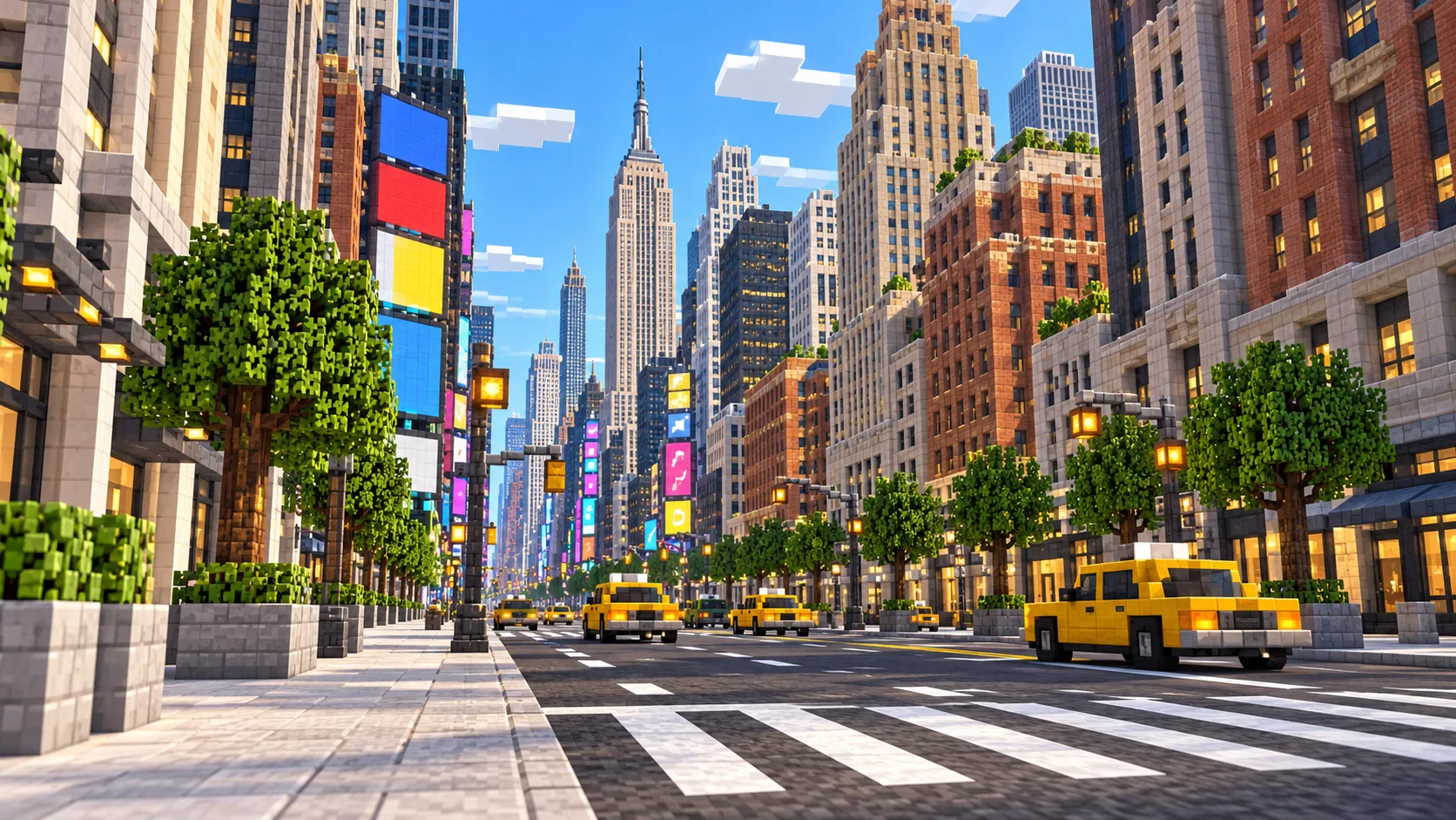Illustration of a Manhattan crosswalk at street level with block-built towers and yellow taxis