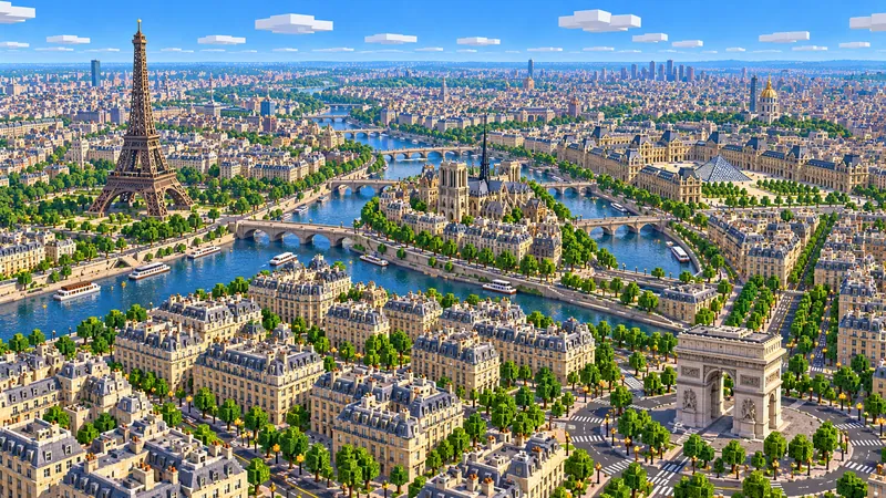 Illustration of central Paris in Minecraft blocks seen from high above: the Eiffel Tower, the Seine and its bridges, Notre-Dame, the Louvre pyramid and the Arc de Triomphe among cream stone blocks with grey roofs