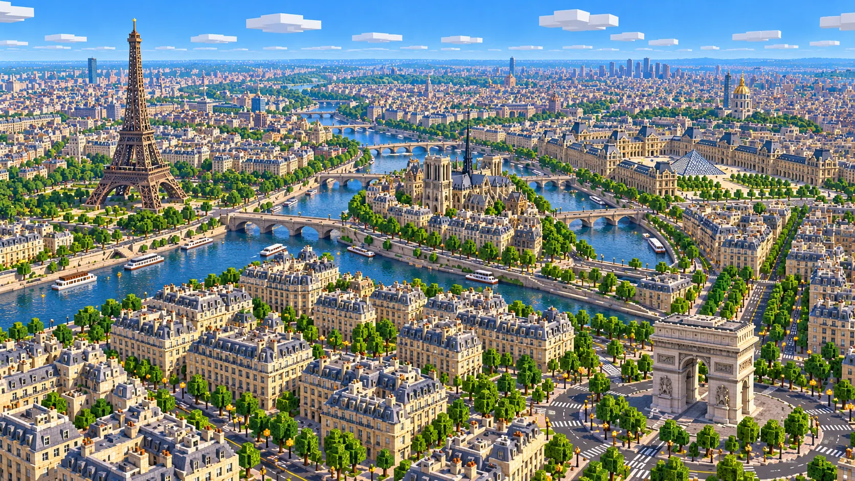 Illustration of central Paris in Minecraft blocks seen from high above: the Eiffel Tower, the Seine and its bridges, Notre-Dame, the Louvre pyramid and the Arc de Triomphe among cream stone blocks with grey roofs