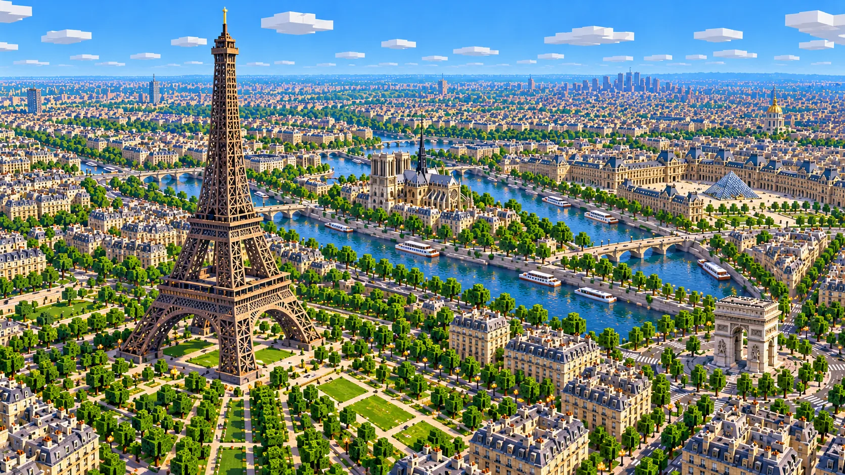 Illustration of the Eiffel Tower built from Minecraft blocks, with its lattice legs over the lawns of the Champ de Mars and the Seine behind