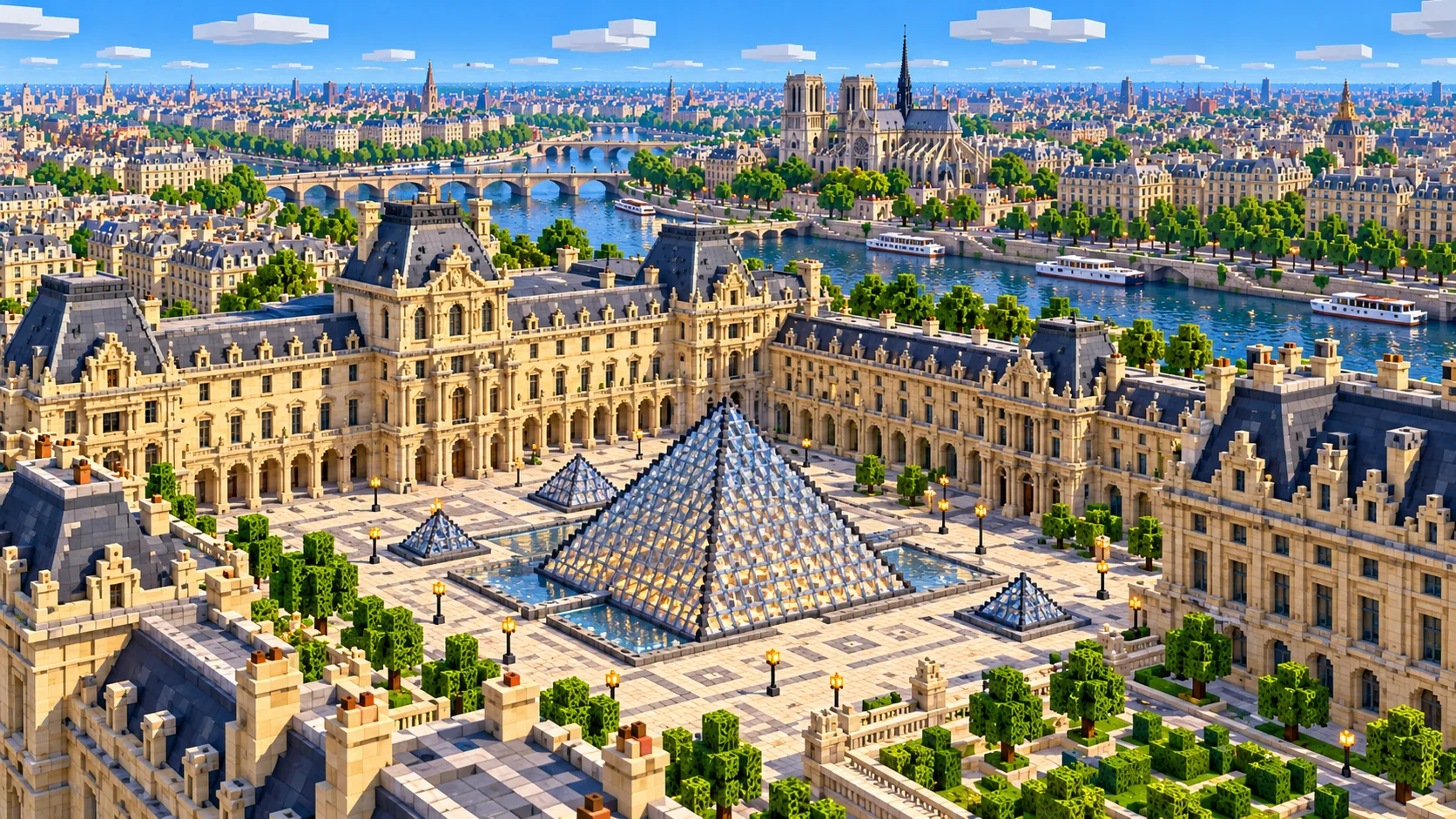 Illustration of the Louvre courtyard in Minecraft blocks, with the glass pyramid and its small pyramids, palace wings around it and Notre-Dame across the Seine