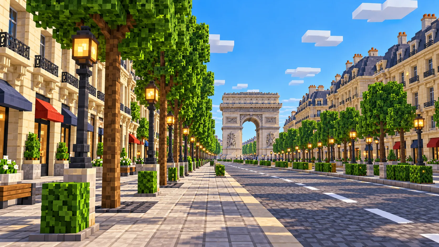 Illustration of the Champs-Élysées at eye level, with rows of trees, street lamps and cream stone buildings with iron balconies on both sides and the Arc de Triomphe at the end