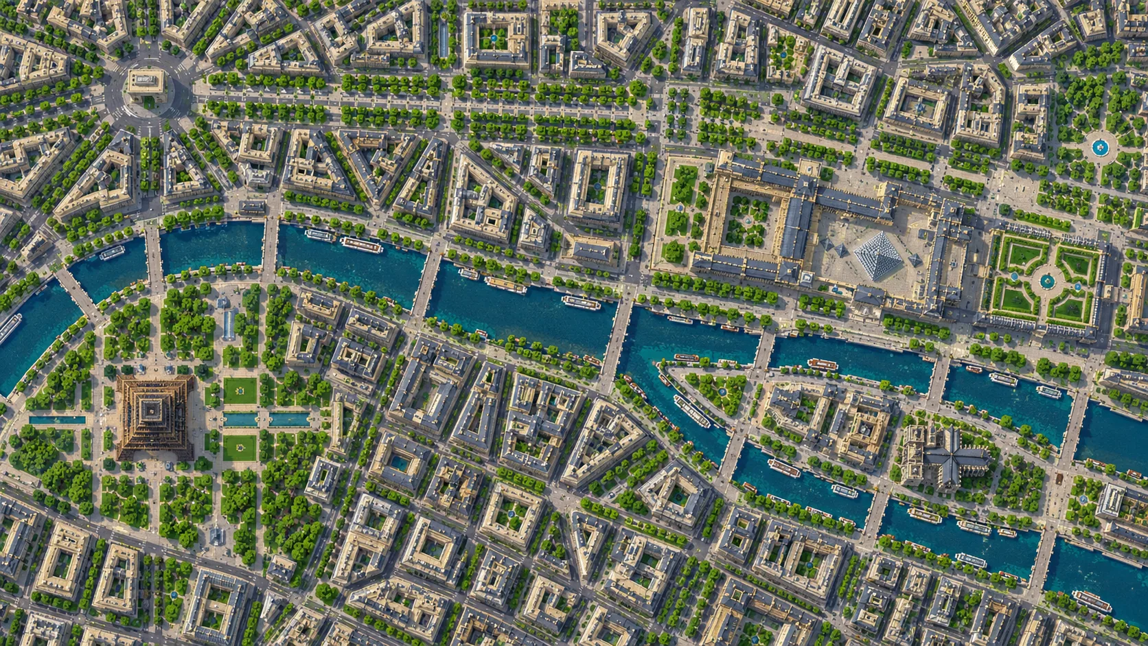 Illustration of central Paris seen from directly above: the Seine with its bridges, the Eiffel Tower, the Louvre and its pyramid, a star-shaped roundabout and courtyard blocks