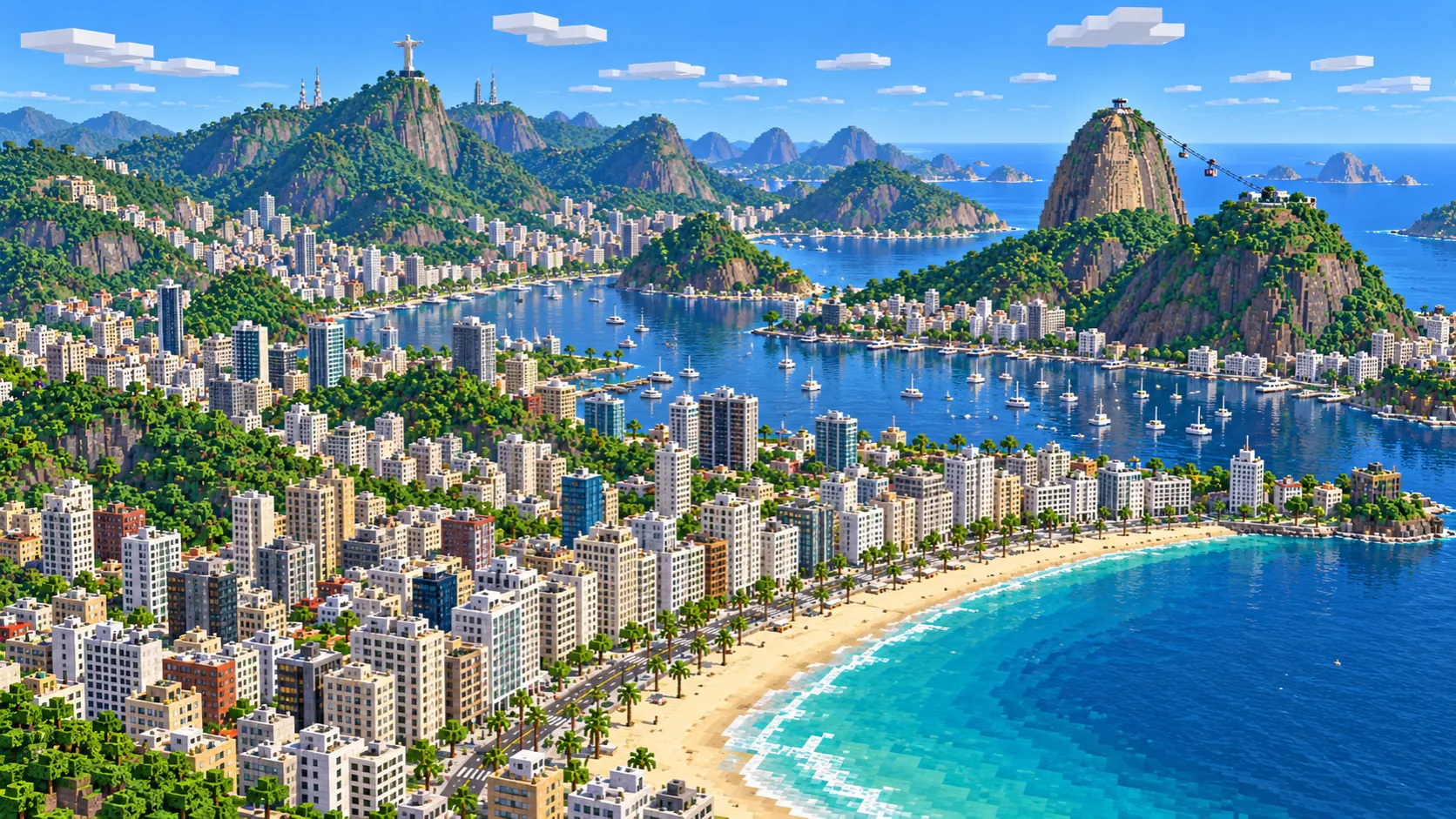 Illustration of Rio’s South Zone in Minecraft blocks seen from high above: Copacabana beach in the foreground, Botafogo bay full of boats, Sugarloaf with its cable car on the right and Christ the Redeemer on a green mountain in the distance