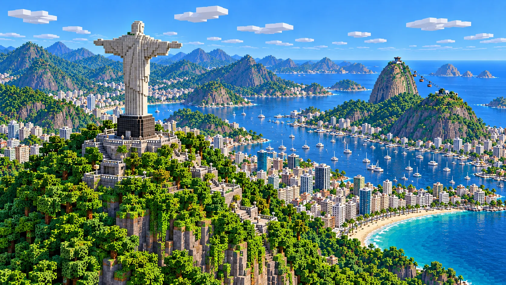 Illustration of the Christ the Redeemer statue built from Minecraft blocks on top of a forested cliff, looking out over Botafogo bay and Sugarloaf