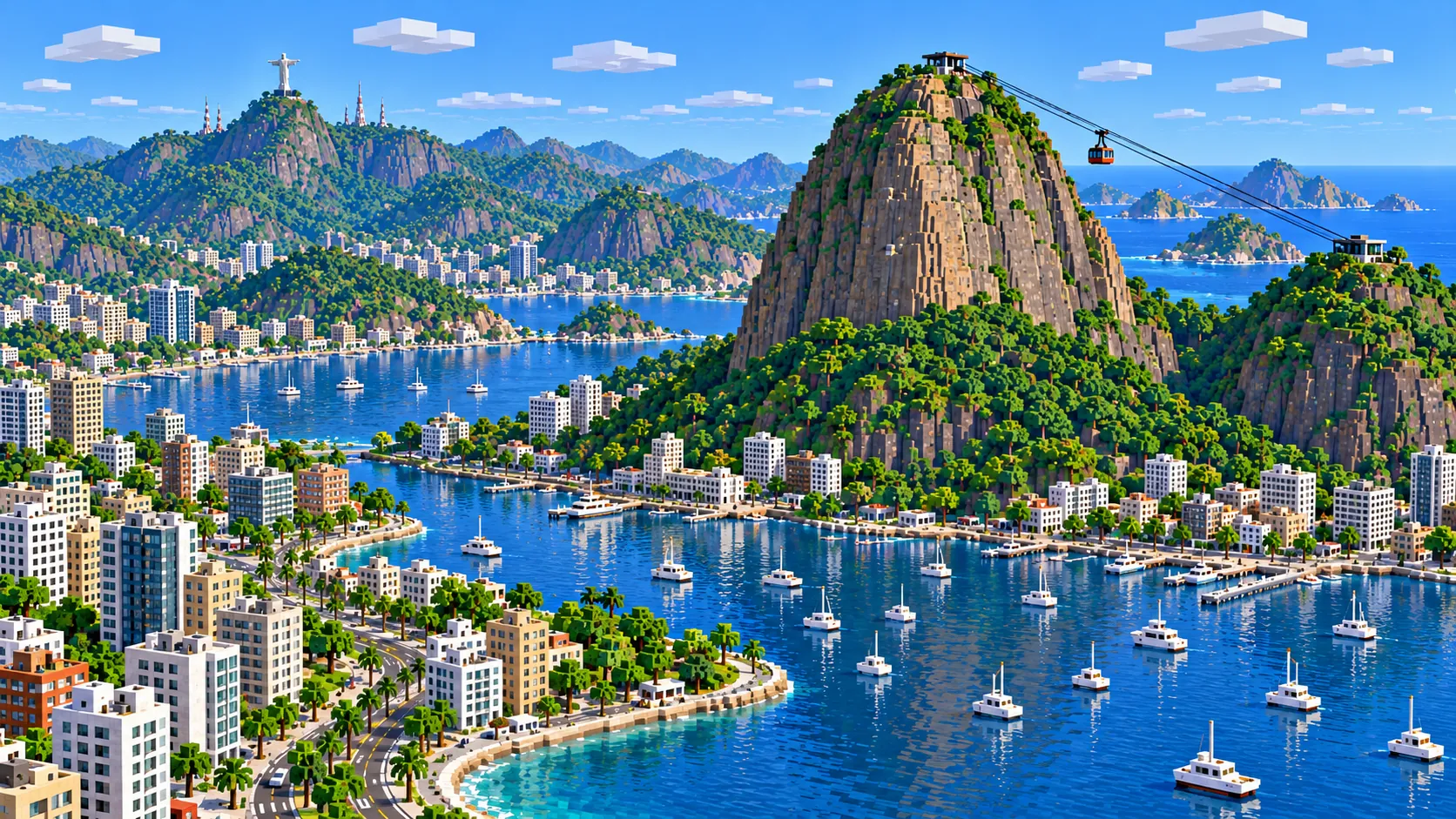 Illustration of Sugarloaf as a tall rock dome of Minecraft blocks with a red cable car running to it from the lower Morro da Urca, above a bay of white boats
