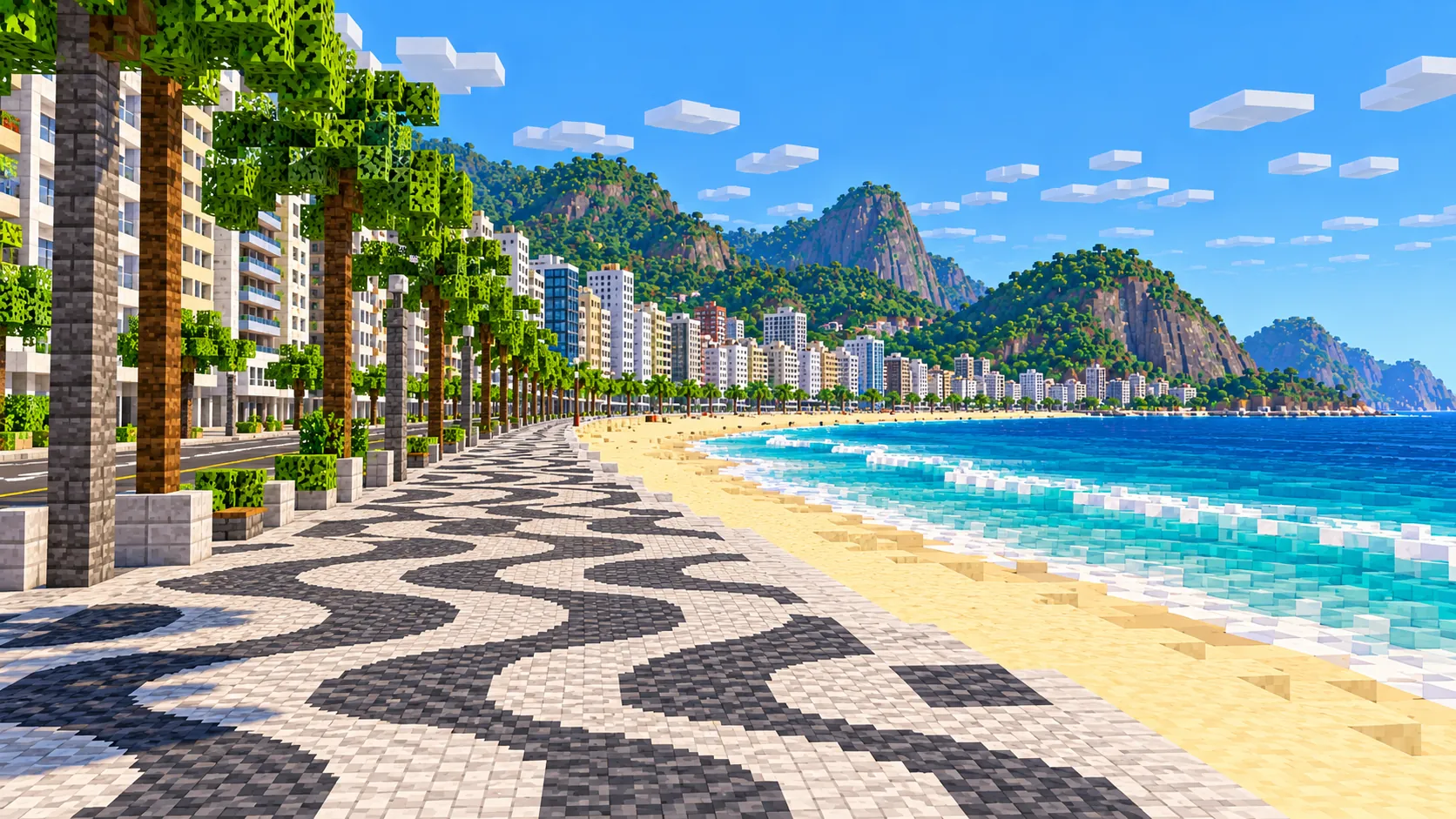 Illustration of the Copacabana promenade at eye level, with the black and white wave pavement, palm trees and apartment blocks on one side and the beach and surf on the other