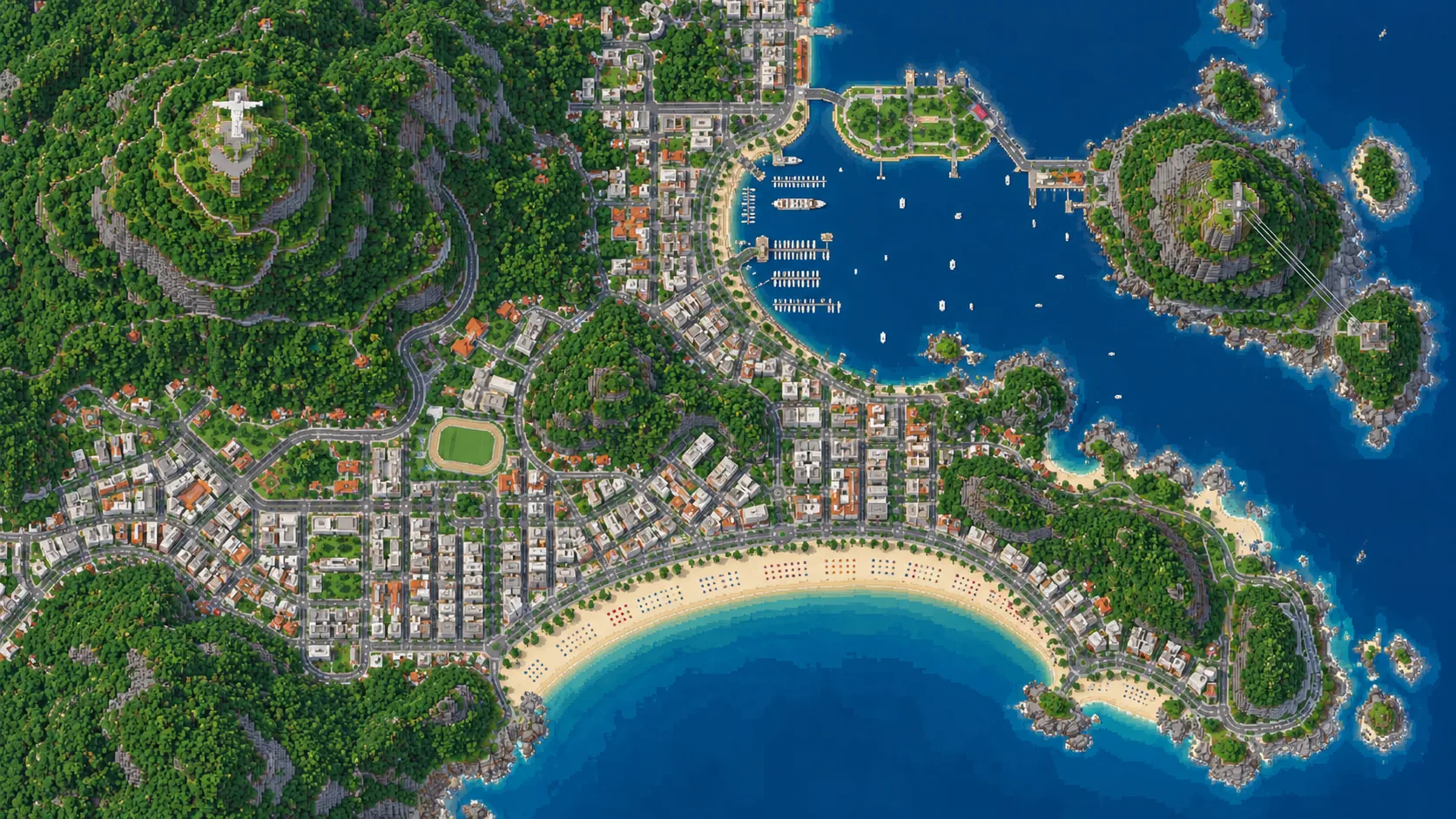 Illustration of Rio’s South Zone seen from directly above: a curved beach, a bay with a marina, forested hills, a rocky peninsula with a cable car and the Christ statue on a green summit