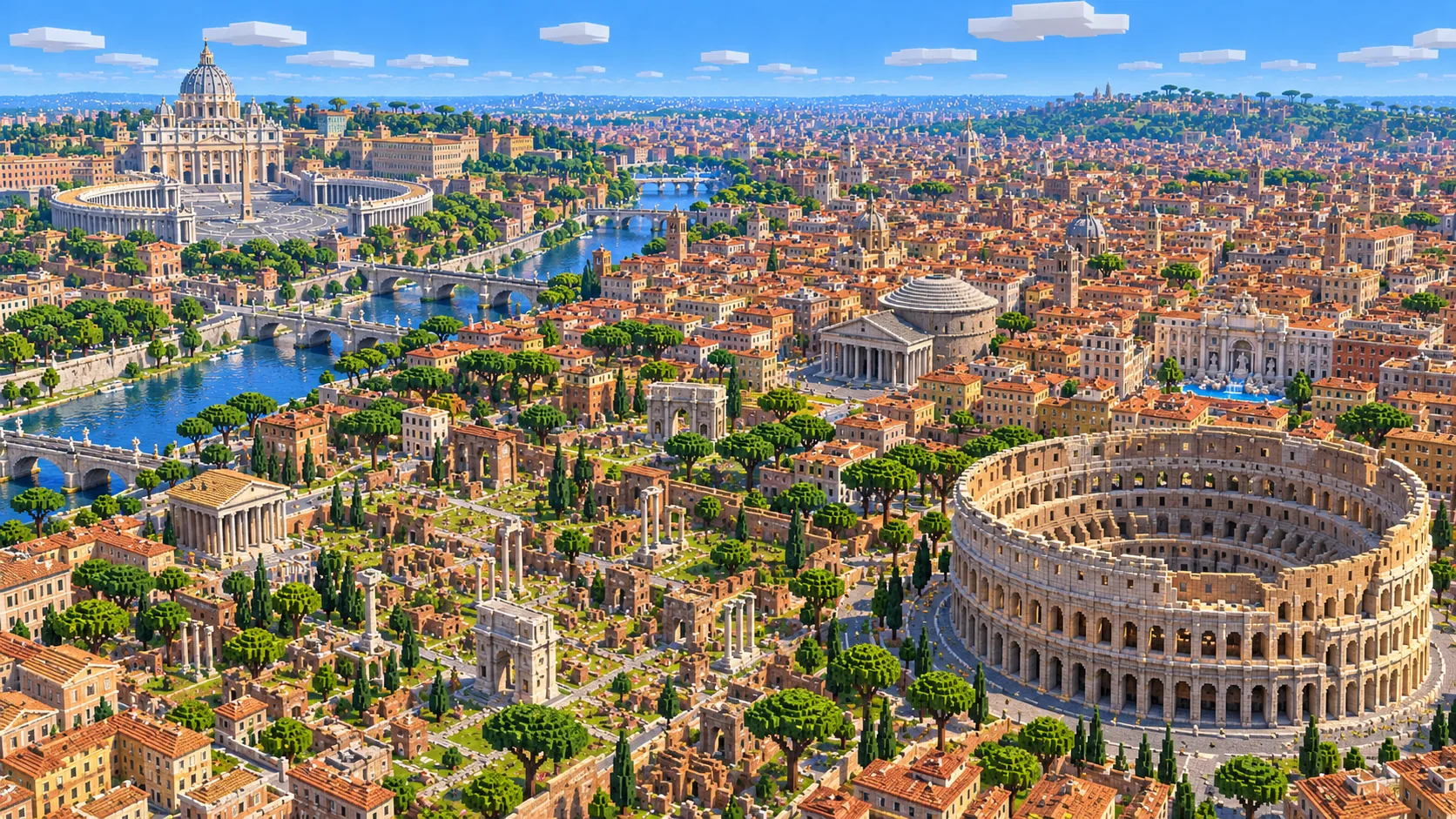 Illustration of central Rome in Minecraft blocks seen from high above: the Colosseum and the Forum ruins in front, the Pantheon dome among terracotta roofs and St Peter’s Basilica across the Tiber in the distance