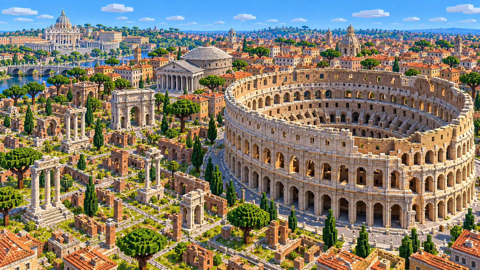 Illustration of the Colosseum built from Minecraft blocks, with its arched outer wall, the open arena and the ruins of the Forum beside it