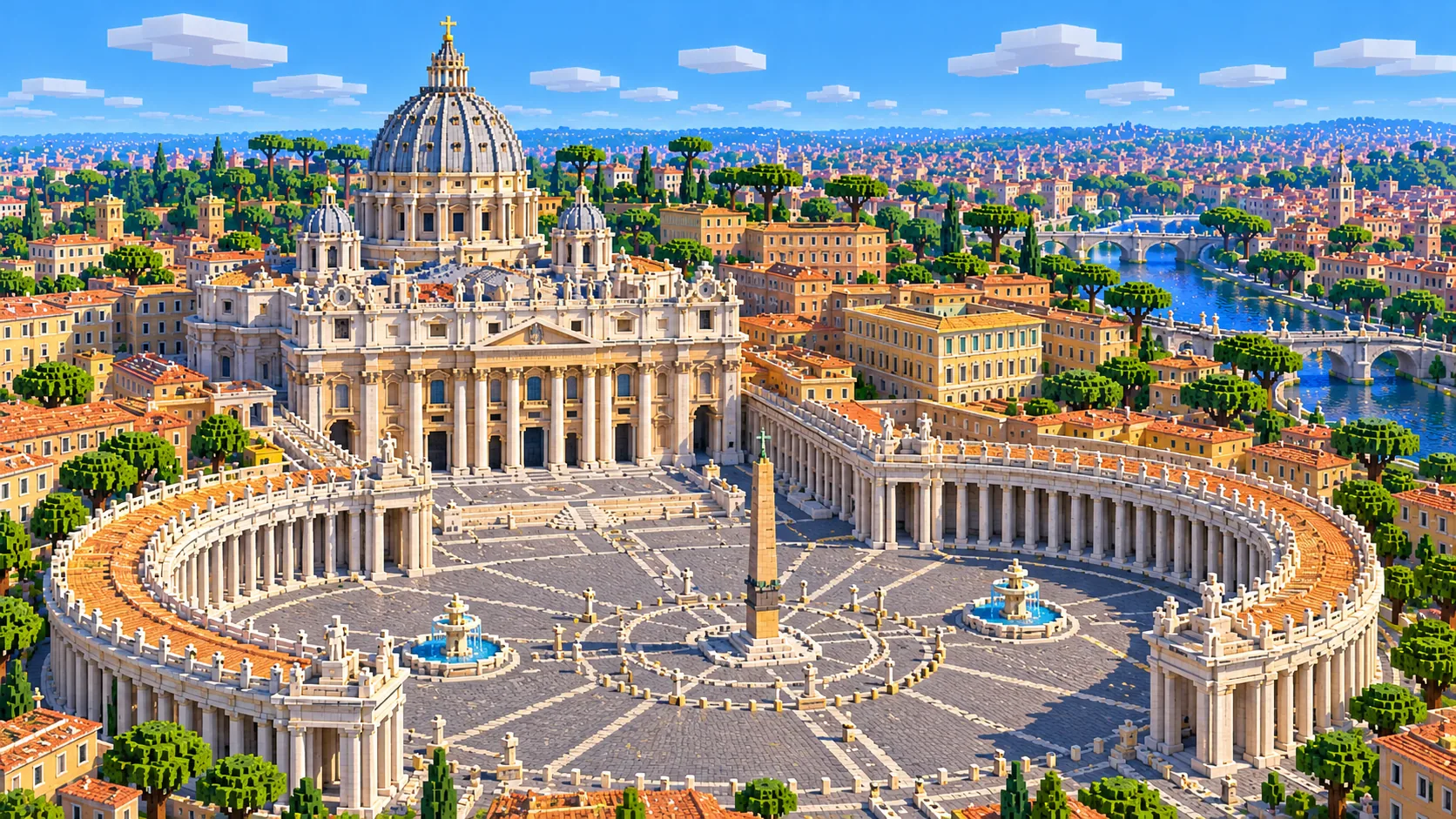 Illustration of St Peter’s Square and Basilica in Minecraft blocks: the curved colonnades, the obelisk, two fountains and the great dome