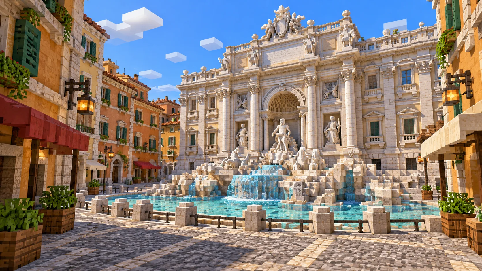 Illustration of the Trevi Fountain at eye level in Minecraft blocks, with its carved stone front, the pool and the narrow street opening onto the square