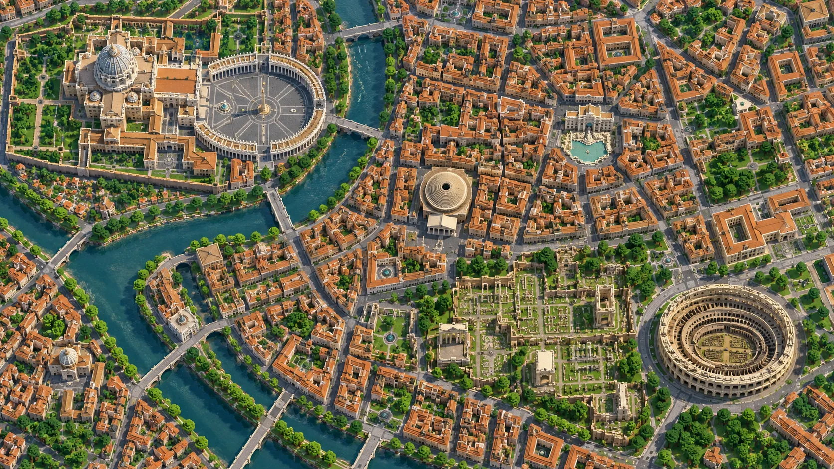 Illustration of central Rome seen from above: the bends of the Tiber, St Peter’s Square, the Pantheon, the Forum and the Colosseum among terracotta blocks