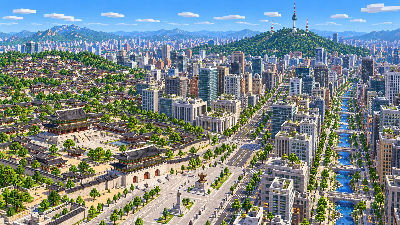 Illustration of central Seoul in Minecraft blocks seen from high above: Gyeongbokgung and Gwanghwamun gate at the head of a wide avenue, office blocks, the Cheonggyecheon stream running between trees, and Namsan with N Seoul Tower in the distance